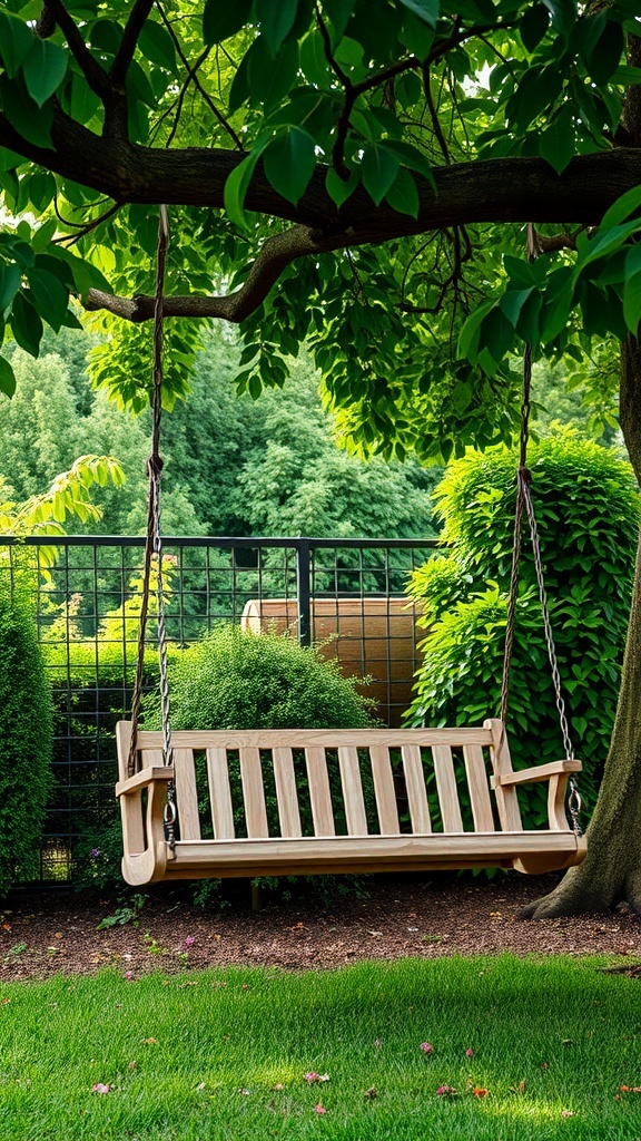 Wooden garden swing hanging from a tree surrounded by greenery
