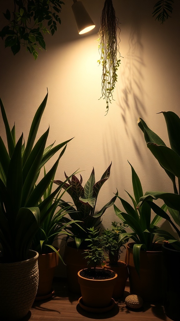 Indoor plants illuminated by soft lighting, creating a cozy atmosphere.