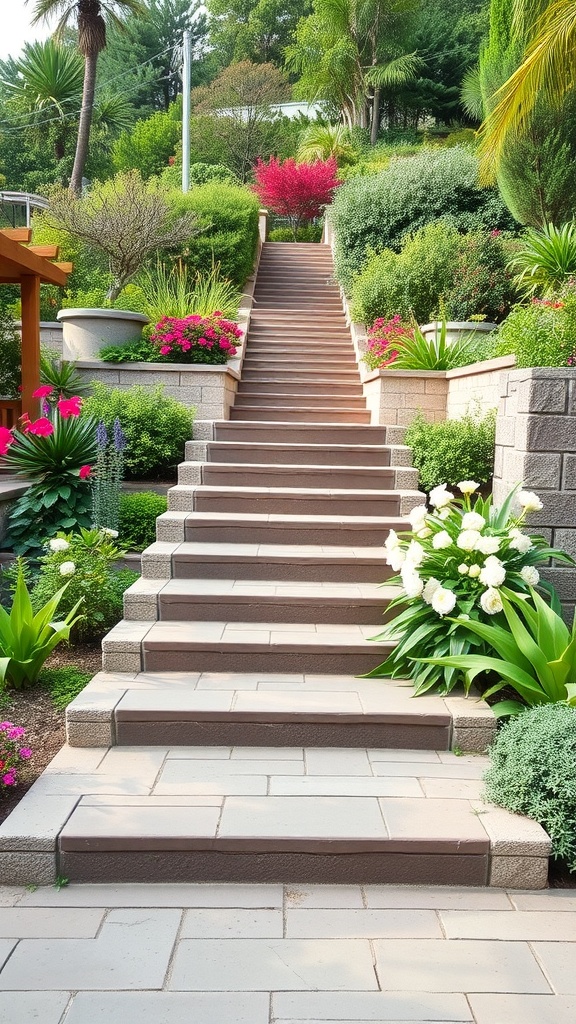 A multilevel garden walkway with steps surrounded by vibrant flowers and greenery.