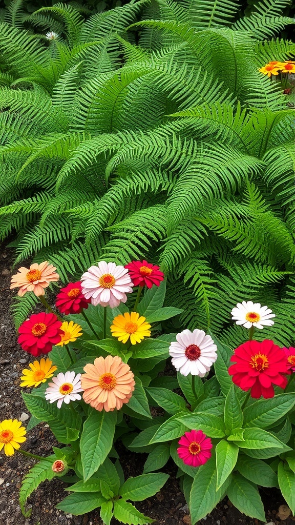 A vibrant zinnia garden bed with colorful flowers in the foreground and lush green ferns in the background.