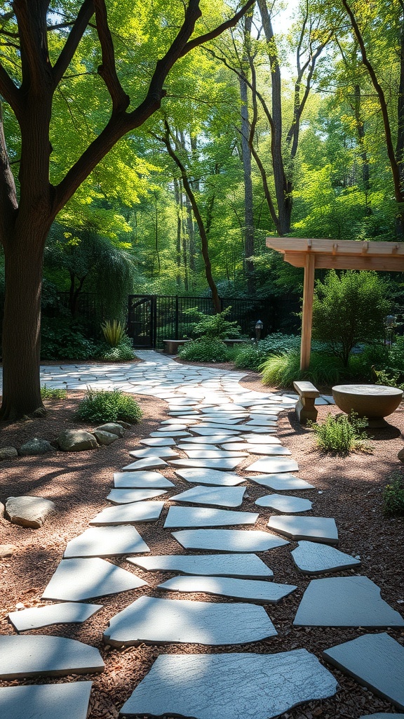 A beautiful natural slate trail winding through a lush garden.