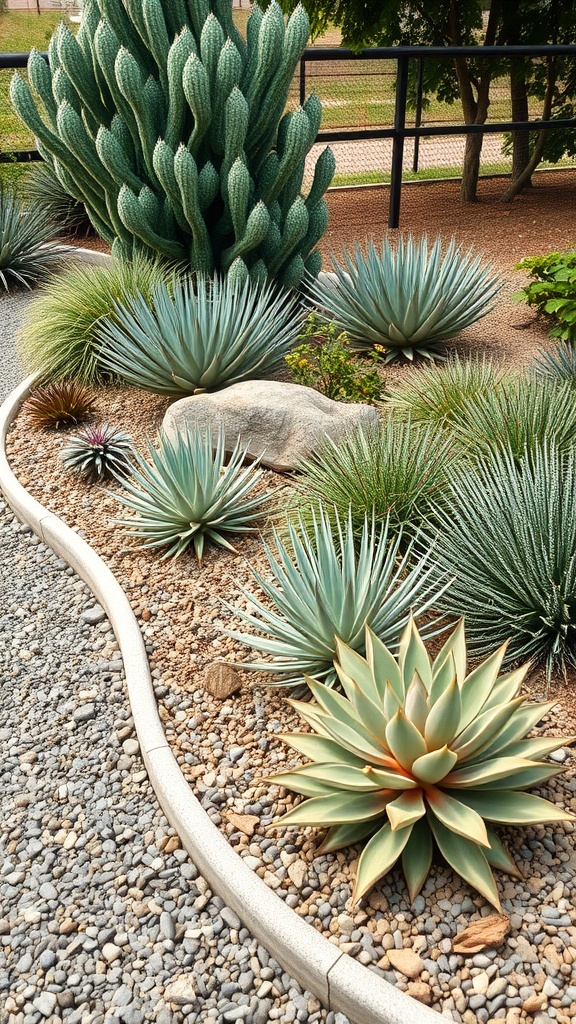 A garden with gravel edges, featuring various succulents and a smooth stone.