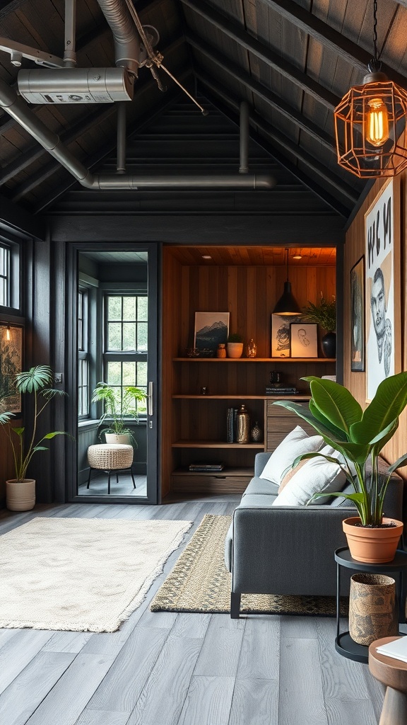 Interior of a contemporary urban loft shed house with modern decor and cozy atmosphere.