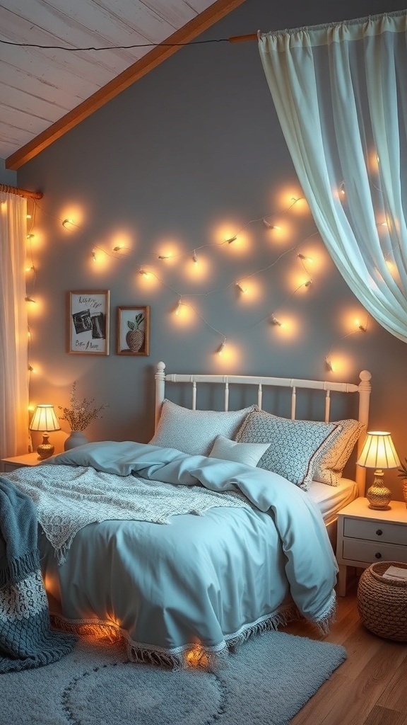 A cozy Boho bedroom with soft lighting from fairy lights on blue walls, featuring a neatly made bed and decorative elements.