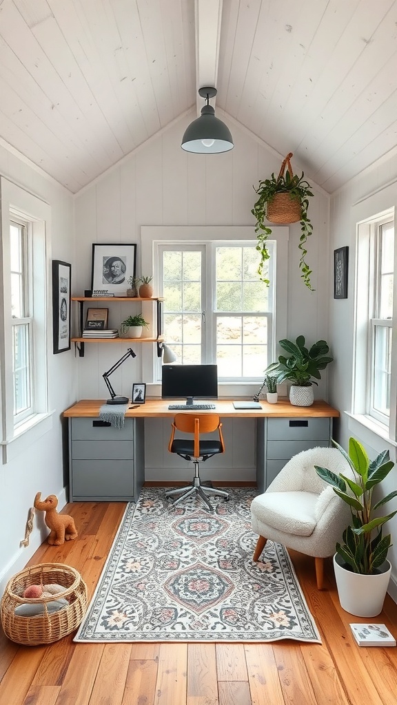 A stylish tiny home office featuring a desk, chair, and plants.