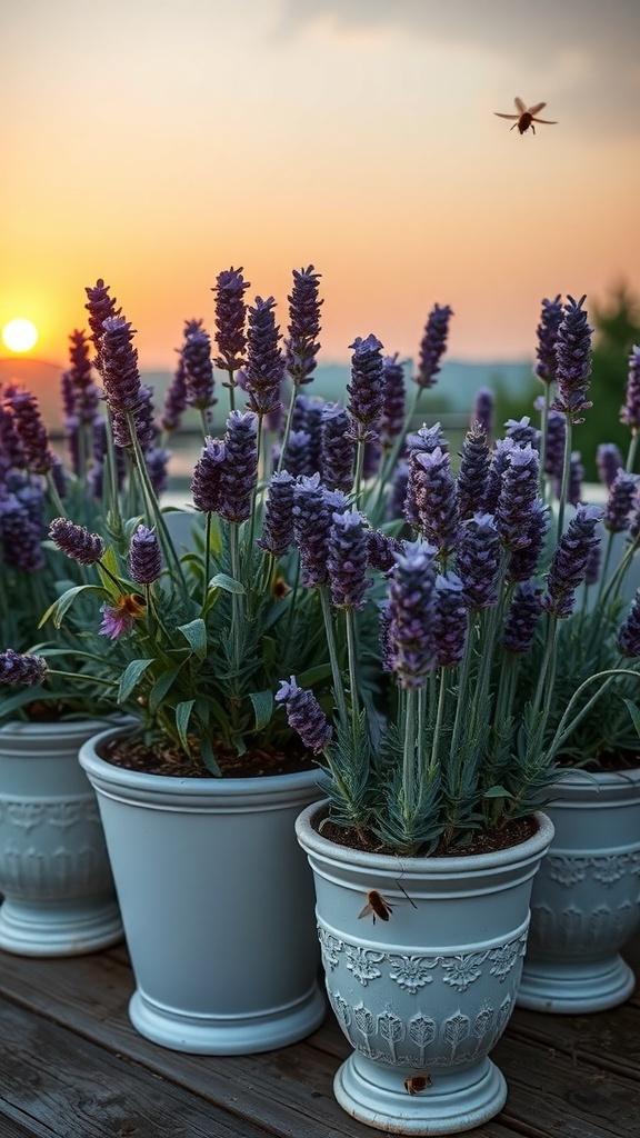 Lavender pots with vibrant purple flowers against a sunset backdrop