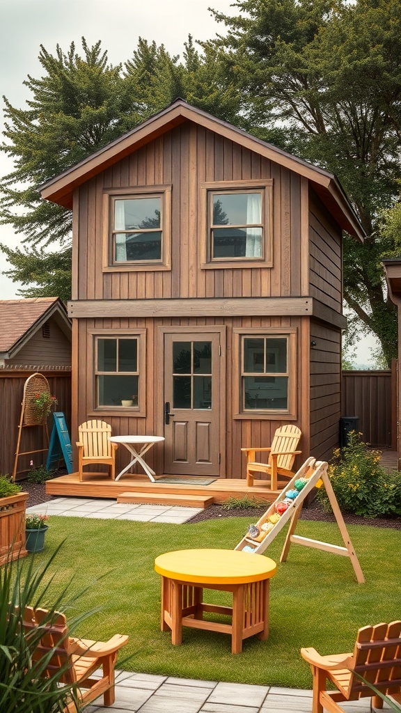 A two-story shed house with a welcoming yard, featuring wooden chairs and a play area.