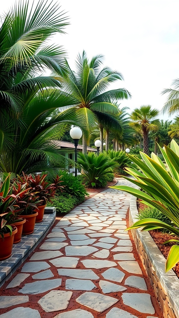 A tropical stone walkway surrounded by palm trees and vibrant plants.