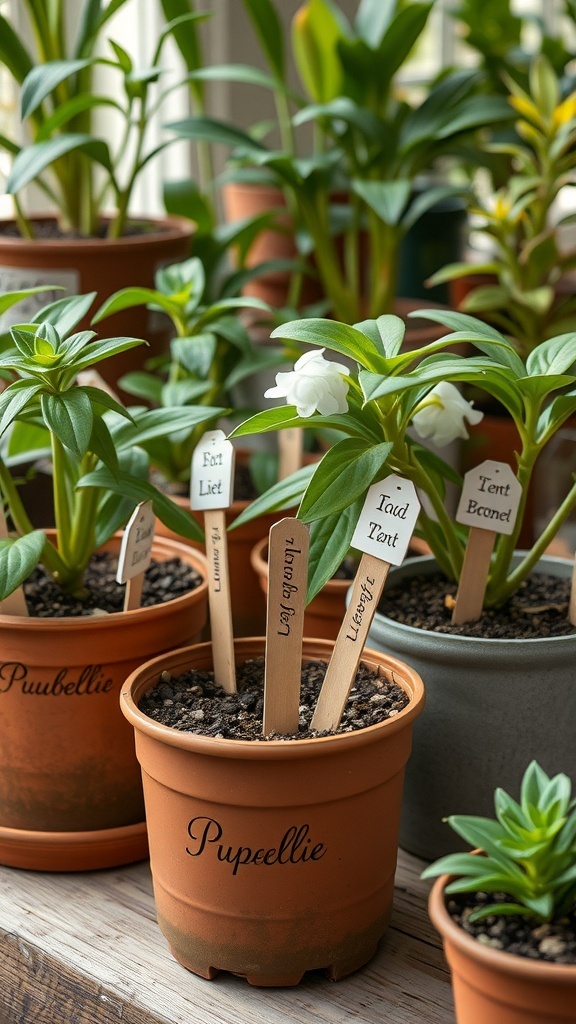 A collection of potted plants with personalized wooden tags indicating their names.