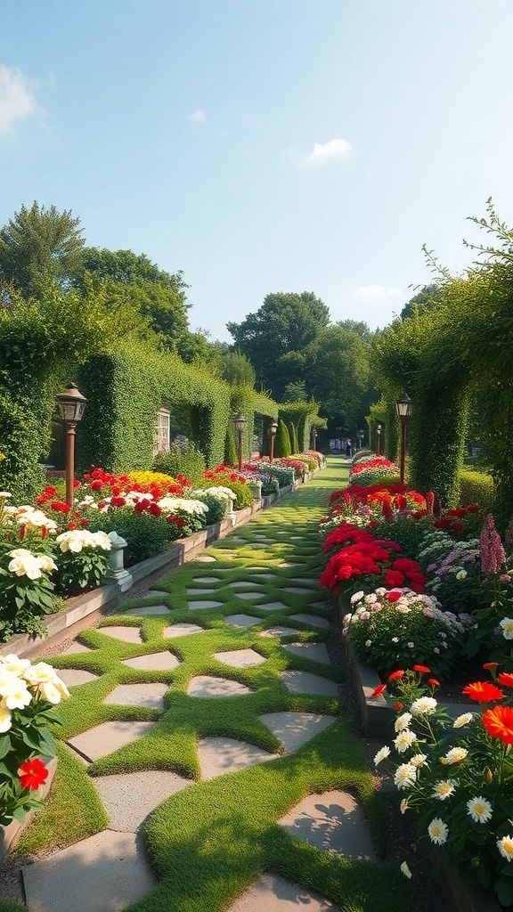A beautiful garden pathway lined with colorful flowers and lush greenery.