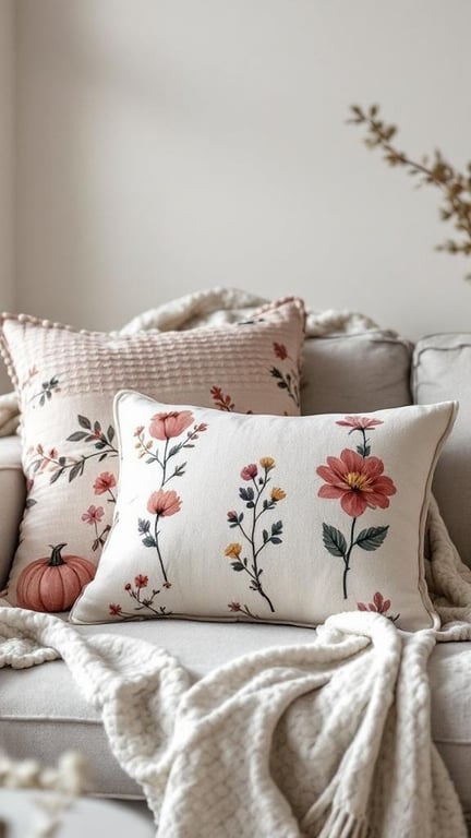A cozy sofa with decorative pillows featuring floral designs and a pumpkin motif, complemented by a knitted blanket.