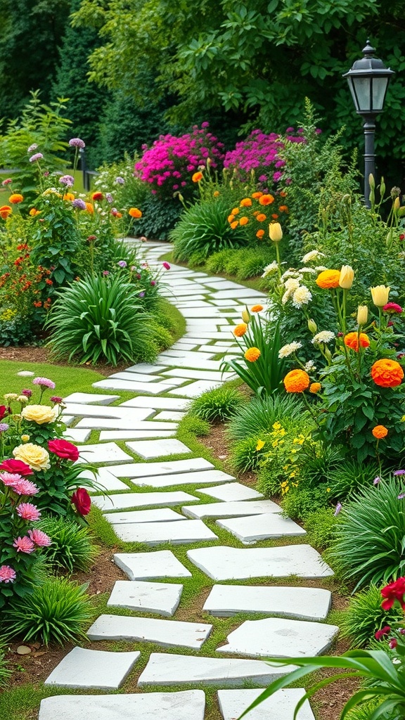 A winding white stone pathway surrounded by colorful flowers and lush greenery in a garden.