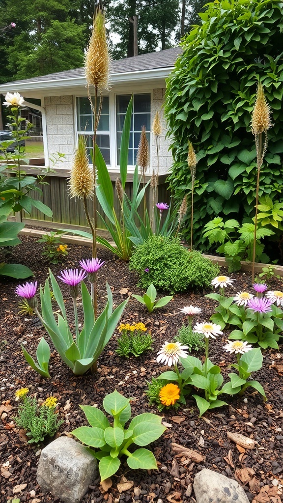 A colorful backyard garden with native plants, featuring tall golden flowers and various blooming plants, creating a wildlife-friendly habitat.