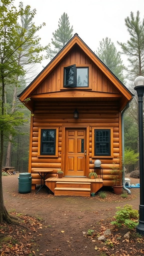 A charming two-story shed house made of wood, surrounded by trees.