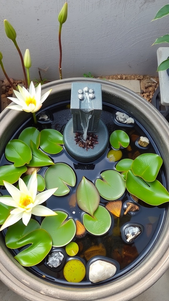 A container water garden with a fountain and water lilies