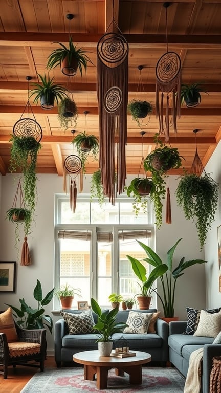 A cozy living room with layered ceiling decor featuring hanging plants and macramé pieces.