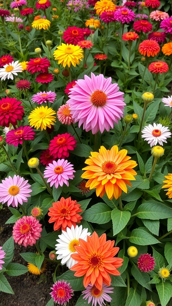 A colorful mix of zinnias and dahlias in a garden bed