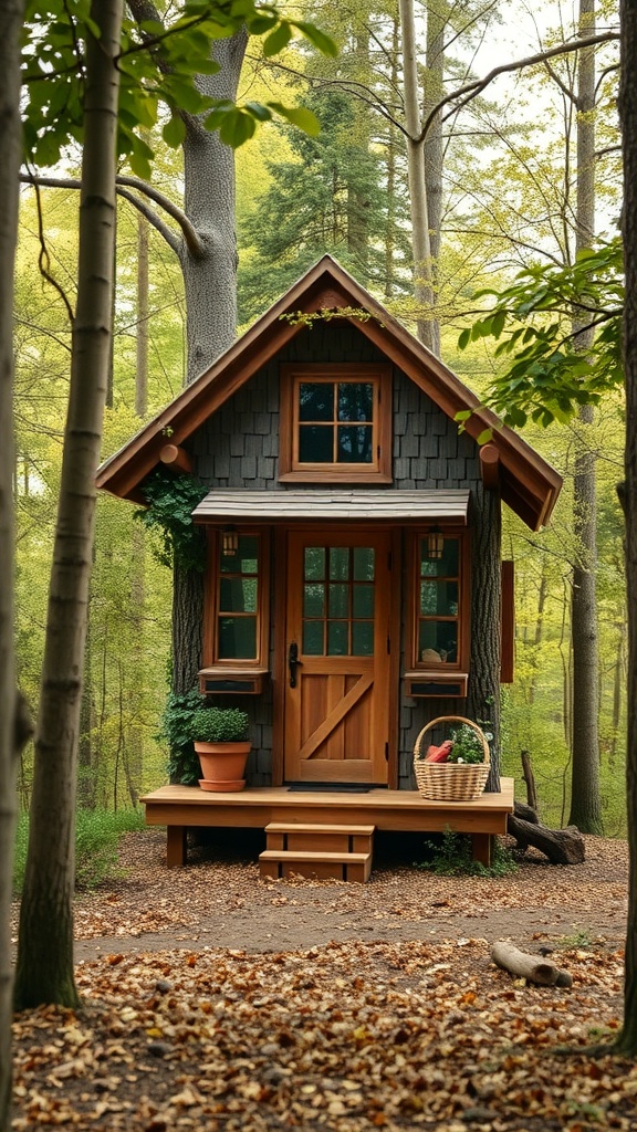A whimsical two-story shed house surrounded by trees, featuring a wooden exterior and a welcoming porch.