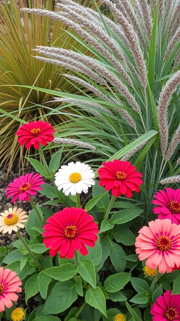 Colorful zinnias in a garden bed contrasted with ornamental grasses