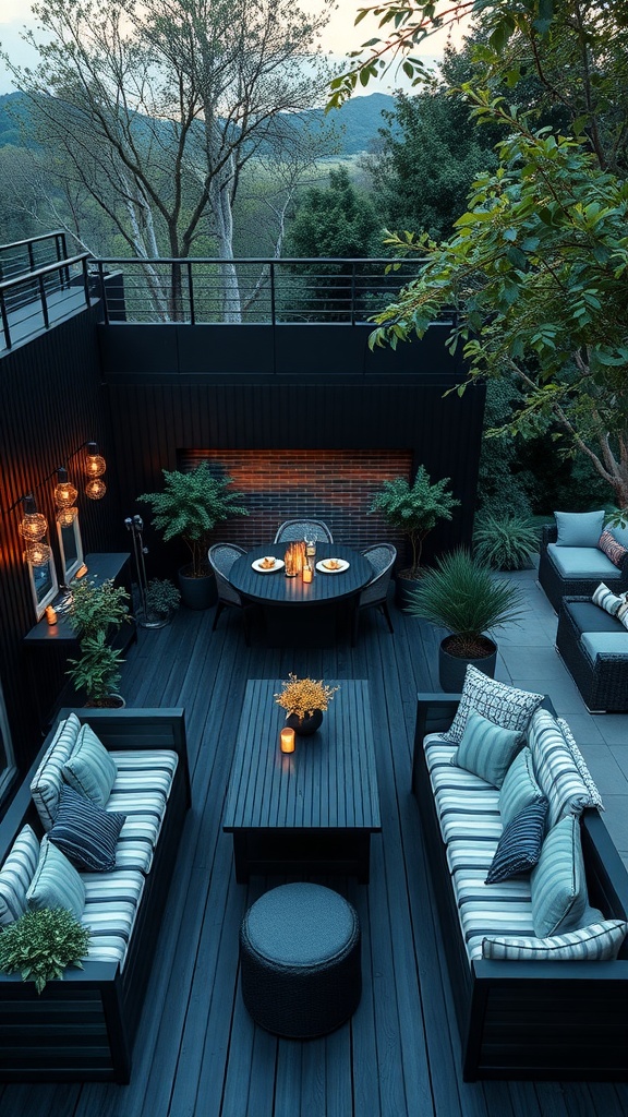 A modern black deck with built-in seating and vibrant cushions surrounded by trees.