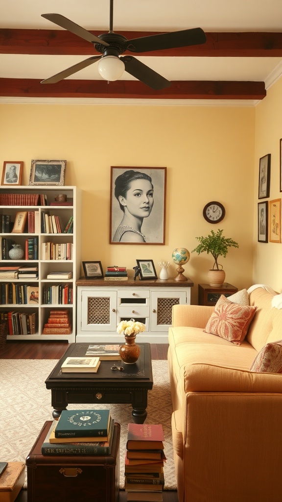 A cozy pale yellow living room featuring vintage accents, including a bookshelf, framed art, and a comfortable sofa.