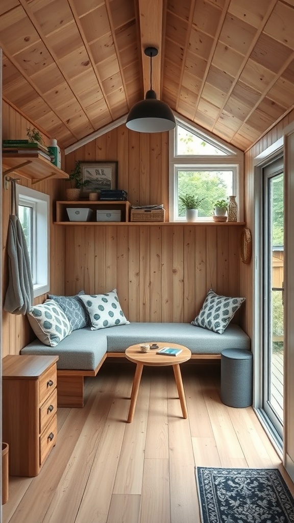 Cozy interior of a tiny shed house with wooden walls, a seating area, and storage solutions.