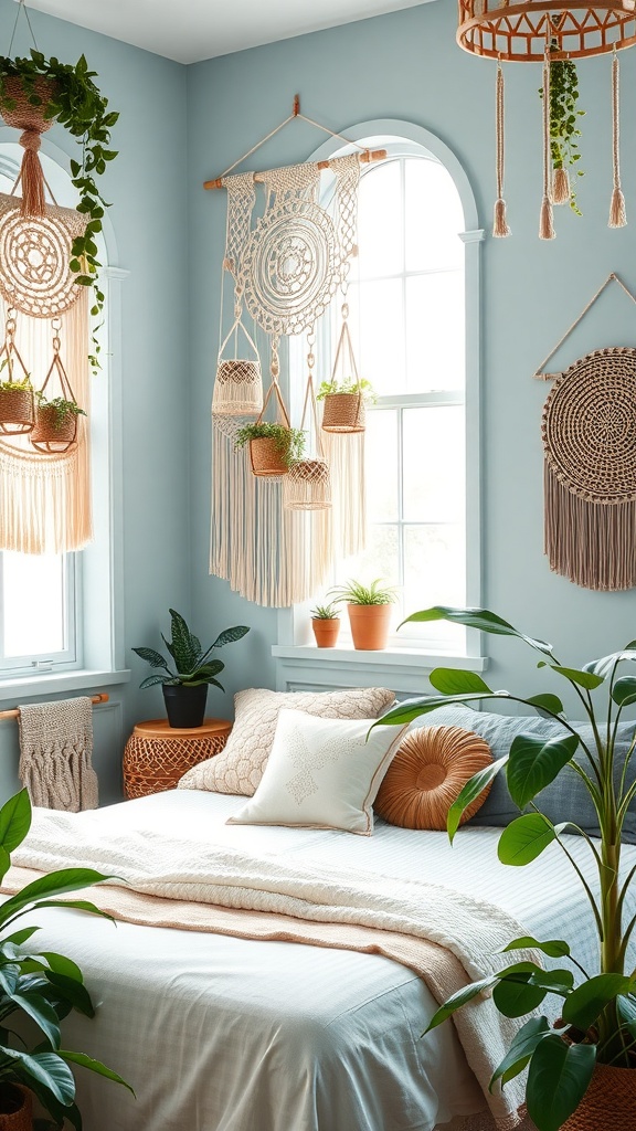 A cozy Boho bedroom featuring macrame wall hangings, plants, and a light blue wall.