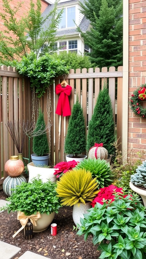 A small backyard garden decorated for winter with a wreath, Santa hat, and various plants.