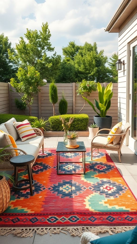 A vibrant outdoor rug with colorful patterns placed in a cozy backyard seating area.