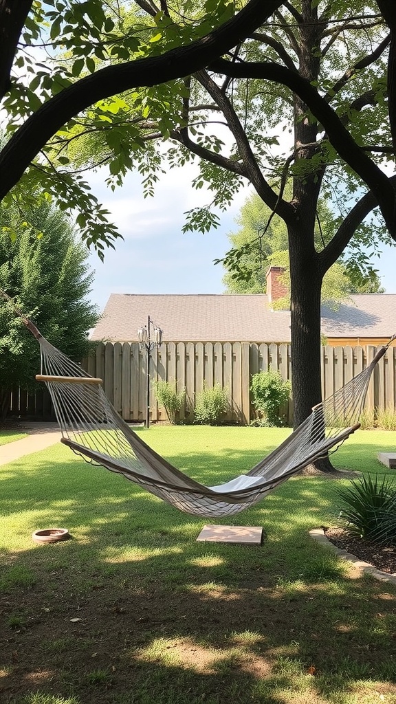 A hammock hanging between two trees in a backyard, surrounded by green grass and a wooden fence.
