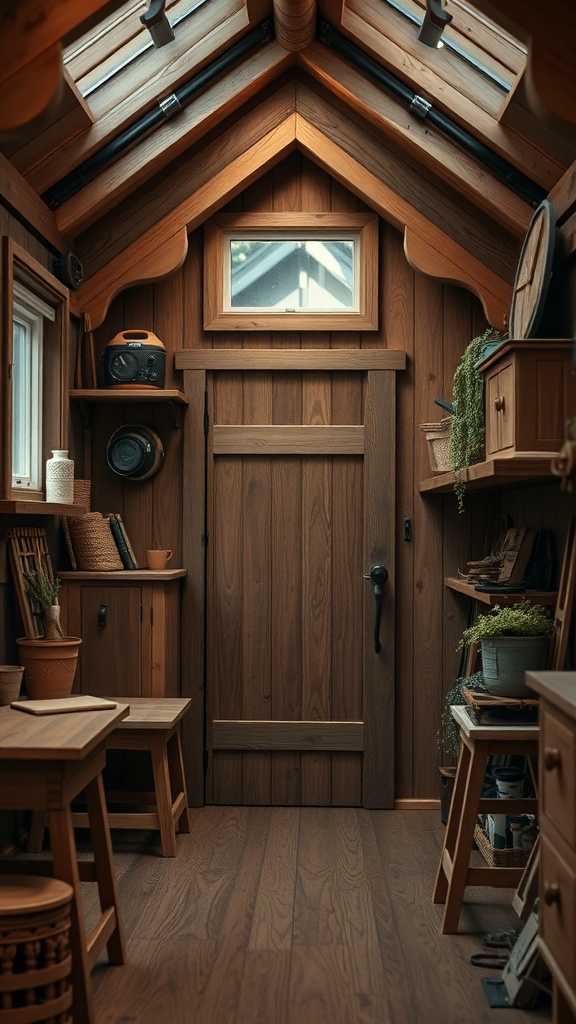 Interior view of a wooden shed house with shelves and a door.