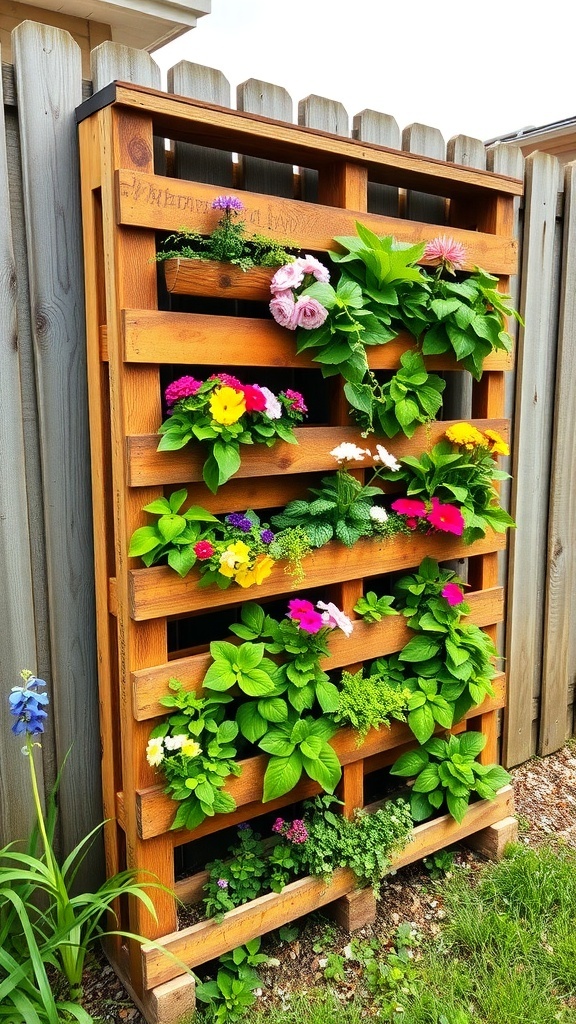 Vertical garden made from recycled pallets filled with colorful flowers and greenery.