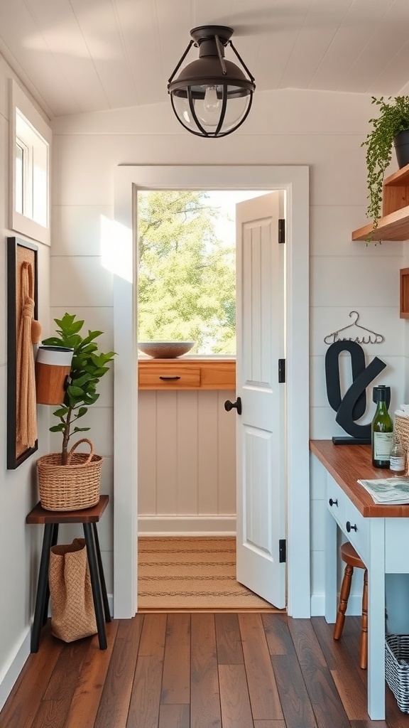 Stylish entryway of a tiny 2-story shed house with plants and wooden accents.