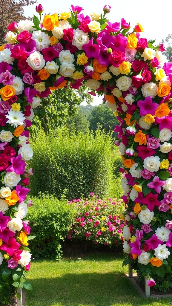 A colorful flower arch made of pink, yellow, and white flowers, surrounded by lush greenery.
