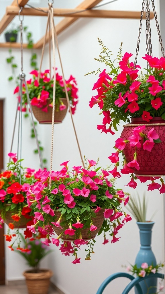 Hanging baskets with pink petunias and other colorful flowers in a bright indoor setting.