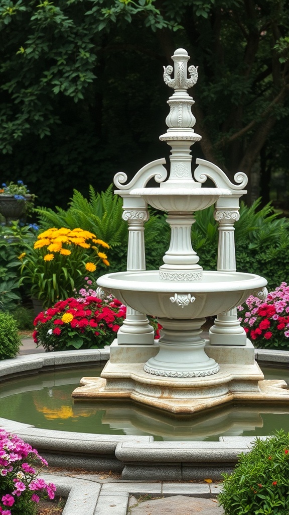 A white stone fountain surrounded by colorful flowers in a garden.