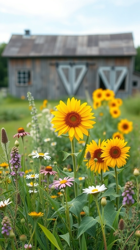A rustic farmhouse flower patch with vibrant sunflowers and wildflowers in front of a wooden barn.