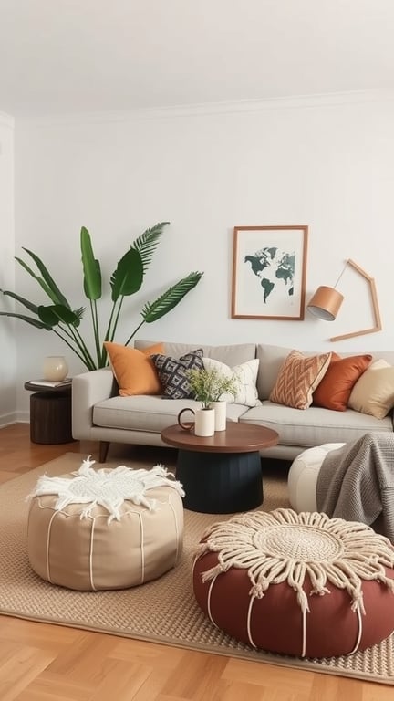 A cozy living room with three stylish poufs, a sofa, a coffee table, and a large plant.
