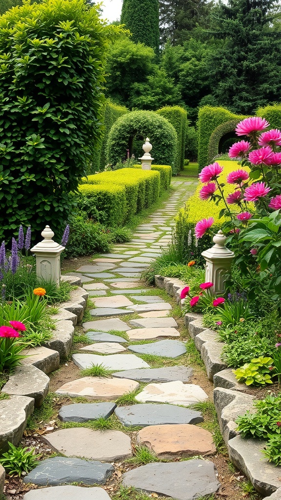A rustic stone pathway bordered by lush greenery and pink flowers
