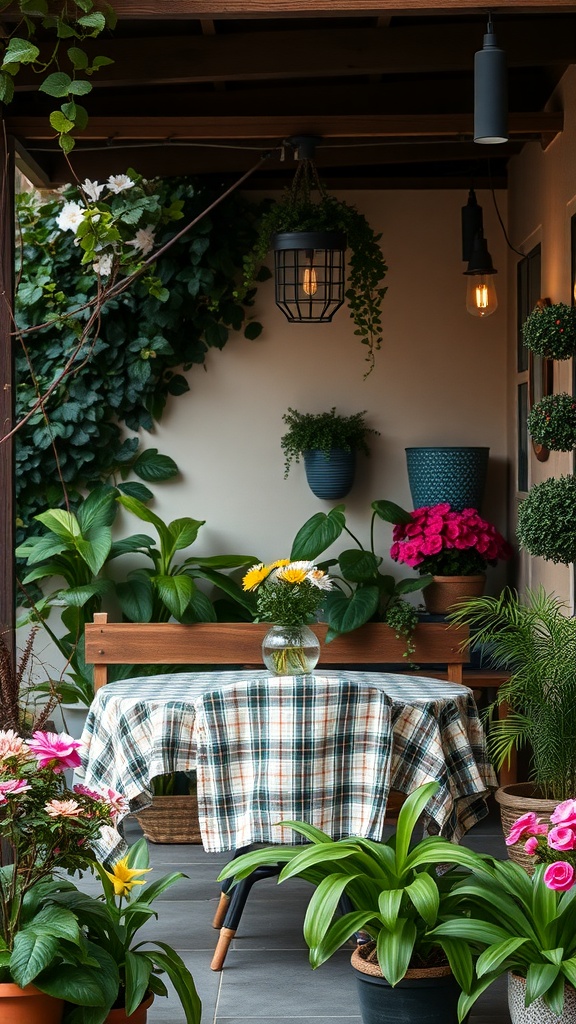 A cozy outdoor dining area with a wooden table, plaid tablecloth, and vibrant plants.