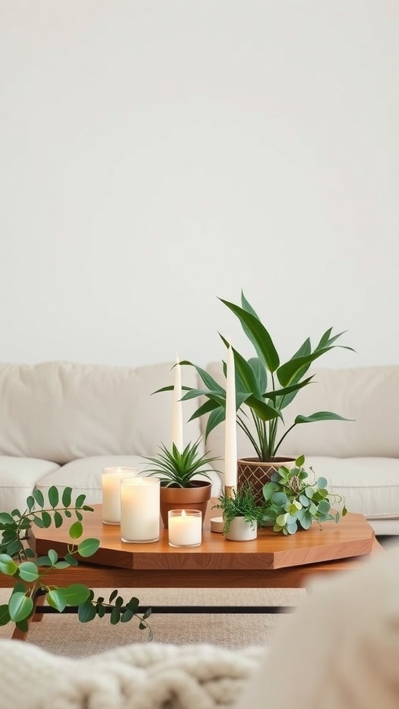 A cozy indoor display featuring candles and various plants on a wooden table.