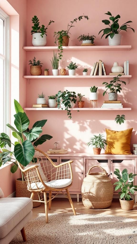 Decorative pink shelves with various plants in a small living room