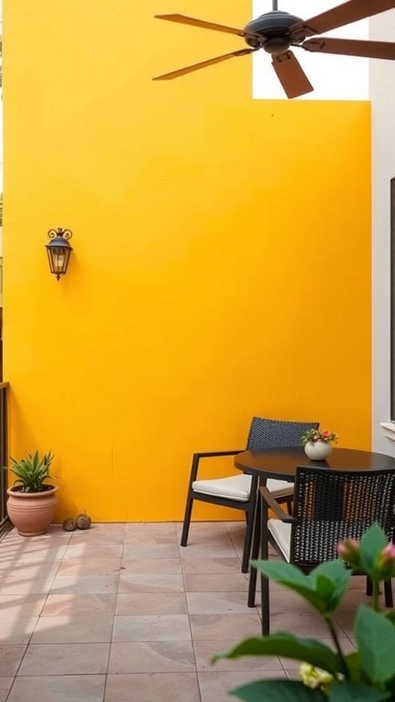 A patio with a bright yellow accent wall, black furniture, and potted plants.