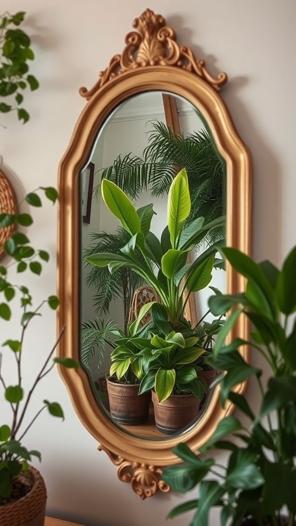 A vintage mirror with an ornate frame reflecting potted plants, creating a lush indoor gardening scene.