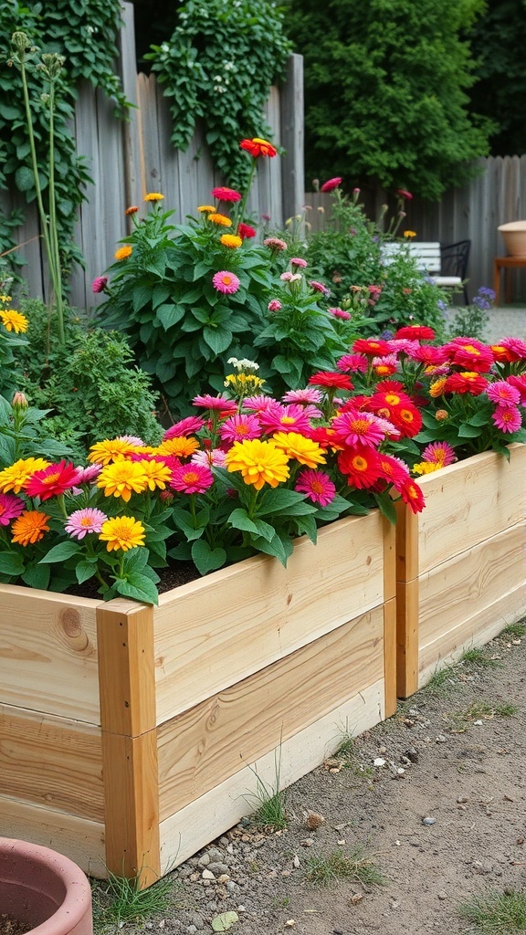 Rustic wooden planter boxes filled with colorful zinnias in a garden setting.