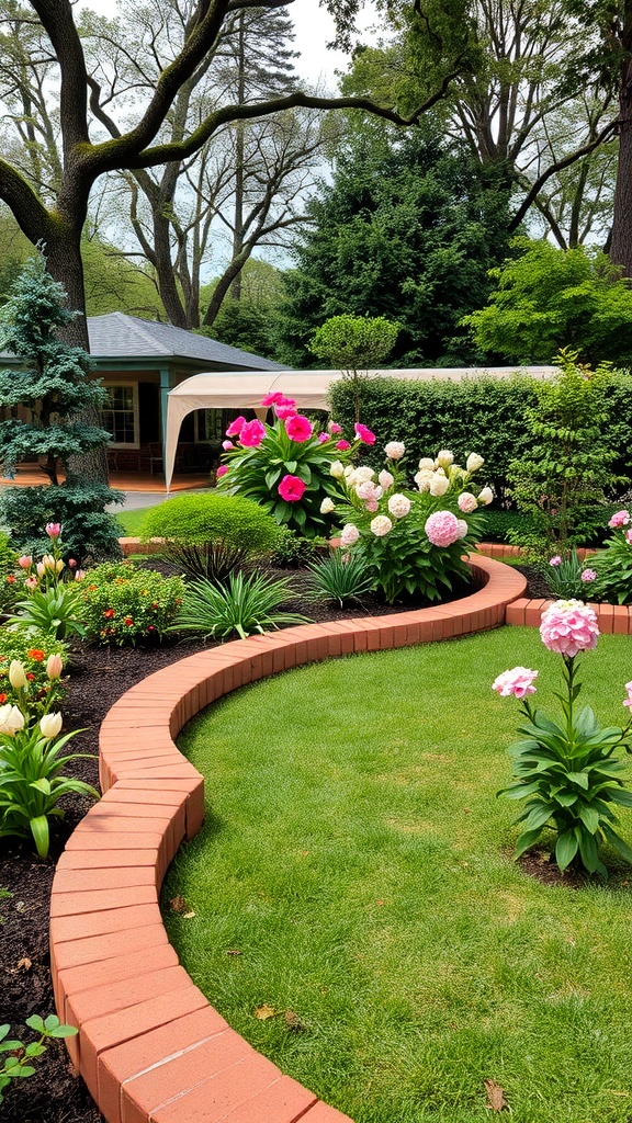 A garden with a curved brick border surrounding colorful flowers and green grass.