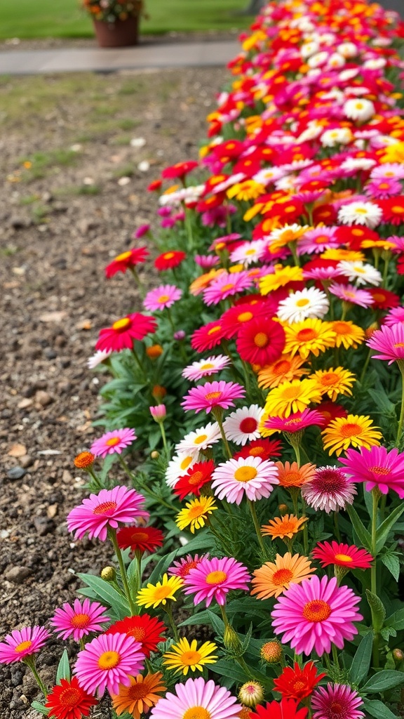 A colorful border of annual flowers in shades of pink, red, yellow, and white.