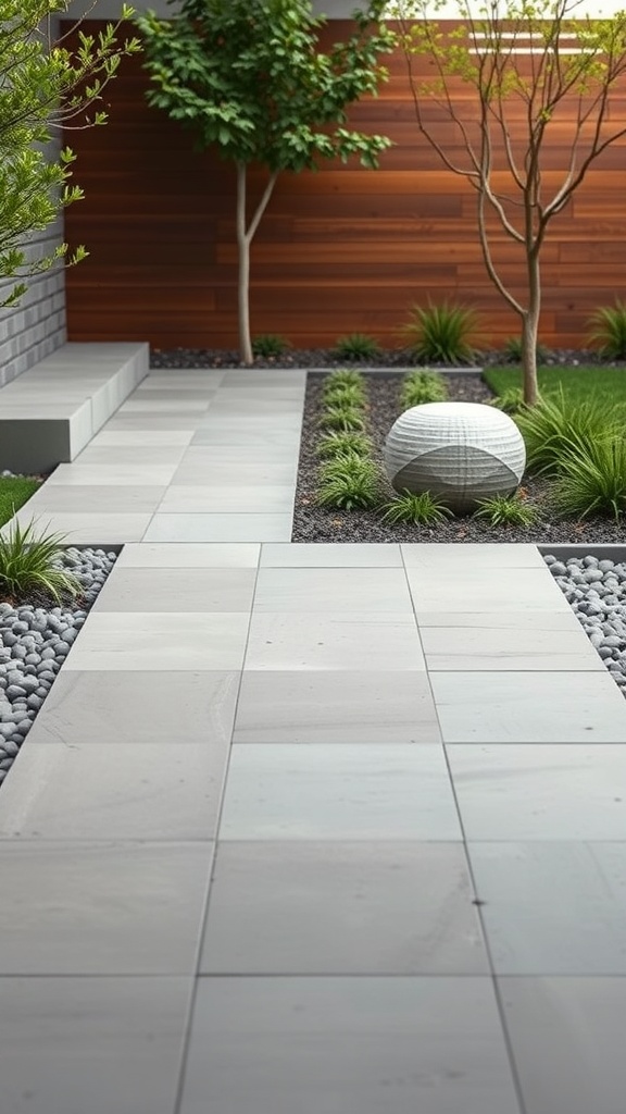 A modern garden walkway featuring large concrete slabs, surrounded by greenery and decorative stones.