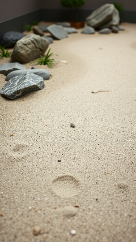 A serene zen sand walkway with scattered stones and plants.