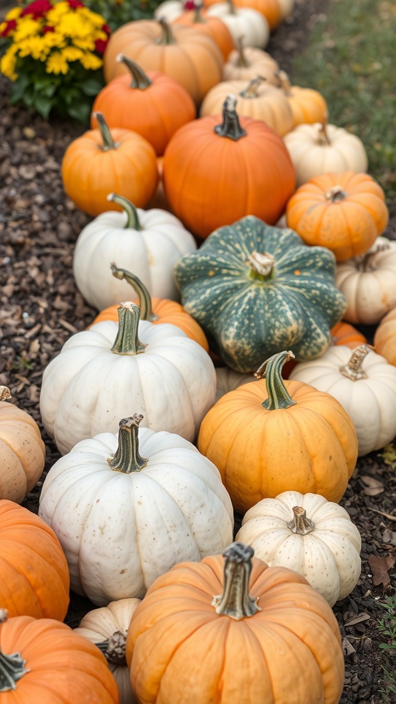 A collection of orange and white pumpkins and gourds arranged in a garden setting.